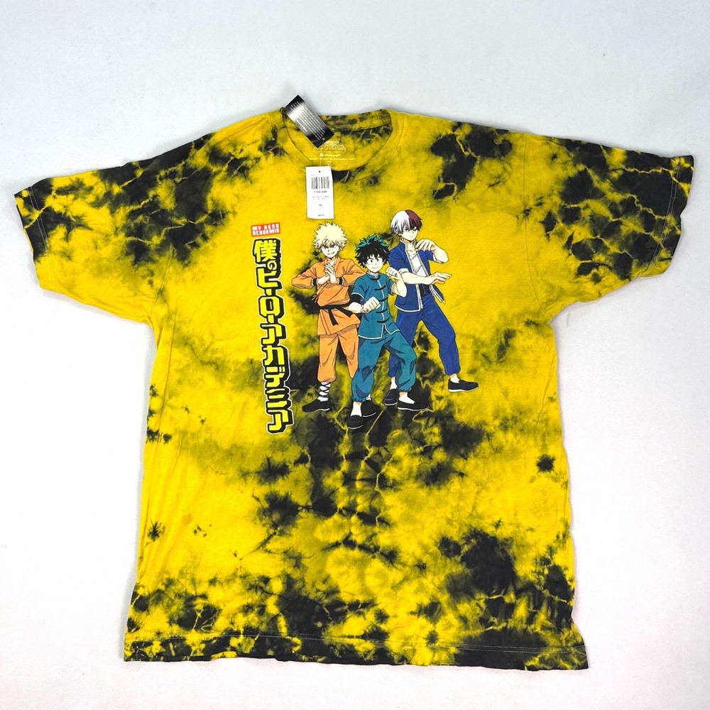 My Hero Academia Tie Dye Graphic T-Shirt XL Yellow Black Deku Bakugo Todoroki